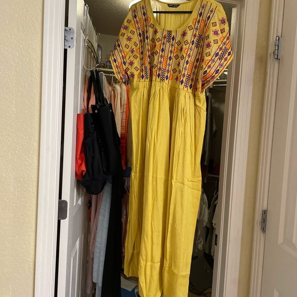 Bohemian Mulvari Embroidery Yoke Maxi Dress Women’s Medium Yellow Gold New Boho - Picture 6 of 6